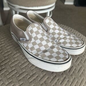 Vans Slip-On Checkerboard Shoes in Taupe/White